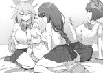  1boy 3girls absurdres ass blush braid braided_ponytail breast_rest breasts button_gap clothes_pull collared_shirt commentary_request faceless faceless_male femdom genshin_impact girl_on_top greyscale has_bad_revision has_downscaled_revision hetero highres implied_sex kujou_sara large_breasts line4x long_hair looking_at_phone lying md5_mismatch monochrome multiple_girls pants pants_pull phone pleated_skirt raiden_shogun resolution_mismatch school_uniform shirt short_hair skirt smile source_smaller sweat yae_(genshin_impact) 