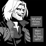  1boy bangs beard black_background crossover dante_(devil_may_cry) devil_may_cry_(series) english_text facial_hair greyscale half-closed_eyes helltaker jacket male_focus monochrome parted_bangs shirt simple_background solo speech_bubble teeth upper_body upper_teeth vanripper 