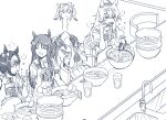  4girls agnes_digital_(umamusume) animal_ears blue_theme bow bowl bowl_stack bowtie braid chopsticks closed_eyes eating food food_in_mouth giving_up_the_ghost grass_wonder_(umamusume) head_back holding holding_chopsticks horse_ears horse_girl horseshoe_ornament interlocked_fingers long_hair monochrome multicolored_hair multiple_girls noodles oguri_cap_(umamusume) open_mouth puffy_short_sleeves puffy_sleeves ramen sailor_collar sailor_shirt school_uniform serafuku shirt short_hair short_sleeves sink special_week_(umamusume) summer_uniform table taguchi_kenji_(omaep) tracen_school_uniform umamusume 