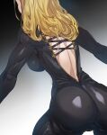  1girl ass back_cutout black_bodysuit blonde_hair bodysuit bow_(bhp) breasts clothing_cutout cowboy_shot criss-cross_back-straps cross-laced_clothes from_behind grey_background kisara_(tales) large_breasts long_hair revision skin_tight solo standing tales_of_(series) tales_of_arise 