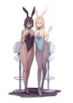  2girls absurdres animal_ears asuna_(blue_archive) asymmetrical_docking bangs bare_shoulders black_hair black_leotard blue_archive blue_eyes blue_leotard blush breast_press breasts brown_legwear cleavage commentary dark-skinned_female dark_skin detached_collar elbow_gloves fake_animal_ears fishnet_legwear fishnets full_body gloves grin hair_over_one_eye high_heels highleg highleg_leotard highres karin_(blue_archive) large_breasts leotard light_brown_hair long_hair looking_at_viewer mole mole_on_breast multiple_girls pantyhose playboy_bunny ponytail rabbit_ears rou_(rou22) sidelocks smile white_gloves yellow_eyes 