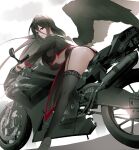  1girl absurdres ass bent_over black_hair black_legwear blue_archive breasts crop_top feathered_wings feathers ground_vehicle halo hanging_breasts hasumi_(blue_archive) highres large_breasts leaning_forward long_legs looking_at_viewer luna_nyann mole mole_under_eye motor_vehicle motorcycle red_eyes solo straddling thick_thighs thighhighs thighs wings 