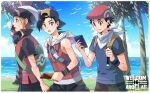  3boys adapted_costume backpack backwards_hat bag baseball_cap beanie black_hair border brendan_(pokemon) brown_hair cloud commentary_request day ethan_(pokemon) grass green_bag hat holding holding_phone holding_strap jacket looking_at_viewer lucas_(pokemon) male_focus multiple_boys outdoors palm_tree phone pokemon pokemon_(game) pokemon_dppt pokemon_hgss pokemon_oras red_headwear shirt shore short_hair short_sleeves sky talking_on_phone tree water white_border white_headwear wristband xichii 