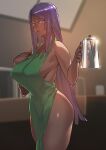  1girl apron bangs bare_shoulders barista black_hair breasts dark-skinned_female dark_skin fate/grand_order fate_(series) green_apron green_eyes hamushima iced_latte_with_breast_milk_(meme) large_breasts long_hair looking_at_viewer meme naked_apron parted_bangs scheherazade_(fate) sideboob solo thighs 