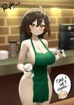  1girl absurdres aether_(genshin_impact) apron barista black_hair blush breasts brown_eyes brown_hair cafe coffee_cup collarbone commentary cup curvy disposable_cup english_commentary genderswap genderswap_(mtf) genshin_impact gradient_hair green_apron hair_between_eyes highres holding holding_cup holding_marker iced_latte_with_breast_milk_(meme) large_breasts looking_at_viewer marker meme multicolored_hair naked_apron pov ryle short_hair solo_focus twitter_username zhongli_(genshin_impact) 