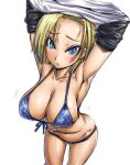  1girl amania_orz android_18 armpits blonde_hair blue_eyes blush breasts cleavage dragon_ball dragon_ball_z large_breasts looking_at_viewer navel open_mouth short_hair simple_background solo swimsuit white_background 