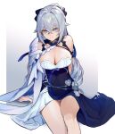  1girl absurdres arm_support bangs bare_shoulders black_dress breasts bronya_zaychik cleavage closed_mouth commentary dress english_commentary eyebrows_visible_through_hair feet_out_of_frame grey_hair hair_between_eyes highres honkai_(series) honkai_impact_3rd large_breasts long_hair purple_eyes sitting solo very_long_hair white_dress wucanming 