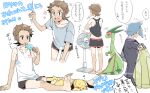  2boys arm_support barefoot brendan_(pokemon) commentary_request electric_fan flygon flying_sweatdrops food grey_hair grey_shirt holding holding_stick jacket jewelry male_focus multiple_boys pikachu pokemon pokemon_(creature) pokemon_(game) pokemon_oras popsicle ring shirt short_hair shorts sitting sleeveless sleeveless_shirt soles speech_bubble standing steven_stone stick t-shirt toes translation_request white_shirt xichii 