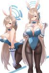  1girl animal_ears arched_back arm_support ass_visible_through_thighs asuna_(blue_archive) asymmetrical_bangs backless_outfit bangs bare_shoulders bent_over blue_archive blue_eyes blue_leotard blush breasts cleavage condom covered_navel detached_collar elbow_gloves eyebrows_behind_hair fake_animal_ears feet_out_of_frame gloves grin hair_between_eyes hair_over_one_eye hair_ribbon halo hands_on_own_knees highleg highleg_leotard highres holding holding_hair huge_breasts leotard light_brown_hair long_hair looking_at_viewer majo_(pastamajo) mole mole_on_breast multiple_views pantyhose playboy_bunny projected_inset rabbit_ears rabbit_tail ribbon simple_background smile tail thighband_pantyhose very_long_hair white_background white_gloves 