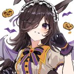  1girl animal_ears bat_wings black_bow black_bowtie bow bowtie brown_hair gloves hair_ornament halloween_costume hand_up headdress highres horse_ears jack-o&#039;-lantern lisi long_hair looking_at_viewer make_up_in_halloween!_(umamusume) official_alternate_costume parted_lips portrait pumpkin purple_bow purple_bowtie purple_eyes purple_gloves rice_shower_(umamusume) shirt simple_background solo striped striped_bow umamusume white_background white_shirt wings 