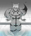 1girl absurdres animal_ear_fluff animal_ears ass_visible_through_thighs barefoot breasts collarbone commentary cowboy_shot fishnets fox_ears fox_girl fox_tail greyscale highres less long_hair looking_at_viewer medium_breasts monochrome multicolored_hair original partially_submerged pasties pool revealing_clothes smile solo tail thigh_gap tile_floor tiles water 
