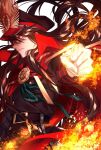  1girl belt black_hair cape clenched_hand fate/grand_order fate_(series) fire gloves hat highres katana long_hair nn_mr oda_nobunaga_(fate) oda_nobunaga_(koha/ace) red_eyes sword weapon white_background white_gloves 