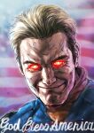  1boy absurdres american_flag blonde_hair closed_mouth costume english_text evil_grin evil_smile eye_beam eyebrows glaring glowing glowing_eyes grin hair_slicked_back highres homelander isoakari0053 looking_at_viewer male_focus portrait red_eyes sideburns smile solo superhero the_boys veins western_comics 