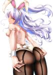  1girl angel_beats! animal_ears arm_garter ass ass_grab ass_support back back-seamed_legwear backless_leotard bangs bare_back black_legwear breasts cowboy_shot eyebrows_visible_through_hair fake_animal_ears fake_tail fishnet_legwear fishnets from_behind from_below grabbing_own_ass gradient_hair hairband hands_on_ass hands_on_own_ass head_tilt leotard looking_at_viewer looking_back looking_down medium_breasts multicolored_hair nail_polish noir_(nowaru) one_side_up orange_eyes pantyhose parted_lips playboy_bunny rabbit_ears rabbit_tail red_nails seamed_legwear shiny shiny_hair sideboob sidelocks silver_hair simple_background sleeveless solo standing strapless strapless_leotard swept_bangs tail tenshi_(angel_beats!) white_background white_hair white_leotard wrist_cuffs 