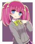  1girl aran_sweater black_background blue_eyes bow breasts collared_shirt commentary_request dohna_dohna_issho_ni_warui_koto_o_shiyou grey_sweater hand_up highres long_hair mob_(dohna_dohna) naga_u parted_lips pink_hair pleated_skirt purple_skirt shaded_face shirt skirt small_breasts smile solo sweater twintails two-tone_background white_background white_shirt yellow_bow 