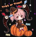  1girl alternate_costume bag black_background blush candy charlotte_(madoka_magica) chibi costume doughnut dress english_text eyebrows_visible_through_hair eyes_visible_through_hair food hair_ribbon halloween halloween_costume hat highres kaname_madoka looking_at_viewer mahou_shoujo_madoka_magica pumpkin pumpkin_hat ribbon sitting solo star_(symbol) sweets trick_or_treat twintails ukiukikiwi2525 wings witch_(madoka_magica) witch_hat yellow_neckwear 