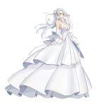  1girl absurdres alternate_costume azur_lane bare_shoulders breasts bridal_gauntlets center_opening commentary_request criss-cross_halter drake_(azur_lane) dress full_body halterneck highres large_breasts layered_dress long_dress long_hair looking_at_viewer ponytail shidiancijianongpao simple_background sleeveless sleeveless_dress solo wedding_dress white_background white_hair yellow_eyes 