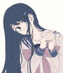  1girl bangs blue_eyes blue_hair bong_(0u0bon) bow collarbone danganronpa:_trigger_happy_havoc danganronpa_(series) eyebrows_visible_through_hair hair_ornament hairclip head_tilt long_hair long_sleeves looking_at_viewer maizono_sayaka own_hands_clasped own_hands_together pink_bow sailor_collar school_uniform serafuku simple_background solo upper_body white_background 