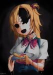  1girl akai_haato artist_name bangs black_background blonde_hair cloverse6 commentary cracked_skin hair_ornament hands heart heart_hair_ornament highres holding holding_plate hollow_eyes hollow_mouth hololive horror_(theme) no_eyes open_mouth plate ribbon severed_hair severed_hand simple_background solo stitched_neck upper_body virtual_youtuber 