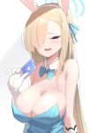  1girl :d absurdres animal_ears asuna_(blue_archive) bangs bare_shoulders blonde_hair blue_archive blue_eyes blue_leotard blush breasts card cleavage commentary_request fake_animal_ears gloves hair_over_one_eye half-closed_eye halo highres holding holding_card kandori large_breasts leotard long_hair looking_at_viewer mole mole_on_breast open_mouth rabbit_ears simple_background smile solo star_(symbol) strapless strapless_leotard very_long_hair white_background white_gloves 