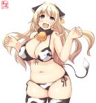  1girl animal_ears animal_print atago_(kancolle) bell bikini blonde_hair blue_eyes breasts collar commentary_request covered_nipples cow_ears cow_girl cow_horns cow_print cowboy_shot eyebrows_visible_through_hair fake_horns fake_tail highres horns kanon_(kurogane_knights) kantai_collection large_breasts long_hair open_mouth print_bikini revision simple_background solo swimsuit tail thighhighs white_background white_bikini white_legwear 