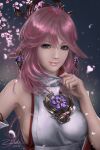  1girl adjusting_collar animal_ears bangs blurry cherry_blossoms commentary dated depth_of_field detached_sleeves earrings eyebrows_visible_through_hair fox_ears genshin_impact hair_between_eyes hair_ornament highres japanese_clothes jewelry long_hair long_sleeves looking_at_viewer miko necklace petals pink_hair purple_eyes realistic sidelocks signature simple_background smile solo vision_(genshin_impact) wide_sleeves yae_(genshin_impact) zduke 