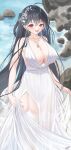  1girl artist_name azur_lane black_hair breasts center_opening cleavage cocktail_dress dress earrings evening_gown garter_straps hair_ornament hair_strand highres huge_breasts jewelry long_hair looking_at_viewer megumi_kei official_alternate_costume plunging_neckline red_eyes see-through_dress skirt_hold sleeveless sleeveless_dress solo taihou_(azur_lane) taihou_(temptation_on_the_sea_breeze)_(azur_lane) thighhighs very_long_hair wedding_dress white_dress white_legwear 