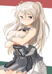  1girl breasts brown_eyes cleavage commentary_request conte_di_cavour_(kancolle) corset dress frilled_dress frills fuji_(pixiv24804665) gloves highres kantai_collection large_breasts long_hair looking_at_viewer remodel_(kantai_collection) silver_hair solo torn_clothes two_side_up white_dress white_gloves 