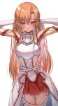  1girl absurdres armor armpits arms_behind_head arms_up asuna_(sao) bangs bare_shoulders blush breasts closed_mouth cowboy_shot detached_sleeves elbow_gloves eyebrows_visible_through_hair gloves hair_between_eyes highres long_hair looking_at_viewer miniskirt orange_hair pleated_skirt red_eyes red_skirt shiny shiny_hair simple_background skirt smile solo standing sword_art_online thighhighs thighs torriet white_background white_legwear zettai_ryouiki 