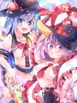  2girls :d bangs belt black_headwear black_skirt blue_eyes blue_hair blush bow breasts collarbone collared_shirt frilled_shawl frills fruit_hat_ornament hagoromo hand_on_hip hat hat_ribbon highres hinanawi_tenshi large_breasts long_hair long_sleeves looking_at_viewer multiple_girls nagae_iku necktie open_mouth peach_hat_ornament purple_eyes purple_hair rainbow_gradient ratto_(mobilis_1870) red_bow red_necktie ribbon shawl shirt short_hair short_sleeves skirt small_breasts smile sparkle touhou upper_body wing_collar 