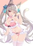  1girl ;d animal_ear_fluff animal_ears bangs bare_arms bare_shoulders blue_bow bow bow_bra bow_panties bra breasts cat_ears cat_girl cat_tail cleavage commentary_request eyebrows_visible_through_hair grey_hair hair_bow hand_up highres large_breasts leaning_forward long_hair navel one_eye_closed open_mouth original panties paw_pose pink_bra pink_panties red_eyes rx7649 smile solo tail thigh_gap thighhighs twintails underwear very_long_hair white_legwear 