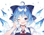  1girl ahoge arm_up blue_bow blue_dress blue_eyes blue_hair blush bow cirno collared_shirt commentary_request derivative_work dress guppy-sunstrider hair_bow happy highres ice ice_wings ke-ta looking_at_viewer one_eye_closed pinafore_dress puffy_short_sleeves puffy_sleeves red_neckwear red_ribbon ribbon shirt short_hair short_sleeves simple_background solo teeth touhou upper_body upper_teeth white_background wing_collar wings 