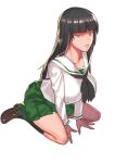  1girl arm_support bangs black_hair blunt_bangs blush breasts brown_eyes girls_und_panzer green_skirt hamushima kneeling large_breasts long_hair long_sleeves mature_female neckerchief nishizumi_shiho ooarai_school_uniform school_uniform serafuku simple_background skirt smile solo straight_hair white_background 