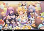 4girls absurdres aether_(genshin_impact) ahoge anniversary balloon bangs bare_shoulders bell black_gloves blonde_hair blue_hair cake detached_sleeves dress finger_to_mouth flower food ganyu_(genshin_impact) genshin_impact gloves golden_shrimp_balls_(genshin_impact) guoba_(genshin_impact) hair_flower hair_ornament highres holding holding_cake holding_food horns long_hair looking_at_viewer lumine_(genshin_impact) multiple_girls neck_bell paimon_(genshin_impact) prosperous_peace_(genshin_impact) purple_dress purple_eyes purple_hair recording slime_(genshin_impact) smile very_long_hair white_sleeves zero_yee 