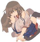  2girls akagi_(kancolle) black_legwear blue_hakama blush brown_eyes brown_hair closed_mouth commentary_request eyebrows_visible_through_hair hakama hakama_skirt hug ina_(1813576) japanese_clothes kaga_(kancolle) kantai_collection kimono long_hair multiple_girls open_mouth ponytail red_hakama simple_background skirt thighhighs white_background white_kimono yuri 