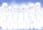  6+girls :d ahoge blue_theme breasts commentary_request completely_nude female_pubic_hair ichinose_minori large_breasts laura_la_mer long_hair looking_at_viewer miyagoe_yoshitsuki monochrome multiple_girls natsuumi_manatsu nipples nude onsen open_mouth outdoors precure pubic_hair pussy sakuragawa_saki shiratori_yuriko short_hair side_ponytail small_breasts smile steam suzumura_sango takizawa_asuka tropical-rouge!_precure water 