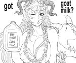  1girl ;o alternate_costume bb_(baalbuddy) bikini bottle bra breasts cleavage commentary covered_nipples curled_horns english_commentary english_text fire_emblem fire_emblem_heroes flower flower_necklace freyja_(fire_emblem) goat_horns greyscale highres holding holding_bottle horns jewelry large_breasts long_hair looking_at_viewer milk_bottle monochrome necklace official_alternate_costume one_eye_closed parted_lips simple_background solo stuffed_goat swimsuit underwear very_long_hair white_background wreath 