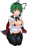  1girl alternate_eye_color antennae bangs bikini bikini_under_clothes black_bikini black_cape black_pants blush breasts cape collared_shirt commentary_request daichi_(tokoya) embarrassed eyebrows_visible_through_hair full_body green_hair highres looking_at_viewer open_clothes open_mouth open_shirt pants red_cape seiza shirt short_hair simple_background sitting small_breasts solo swimsuit touhou two-sided_cape two-sided_fabric white_background white_shirt wriggle_nightbug 