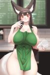  1girl absurdres ahri_(league_of_legends) animal_ears apron areola_slip areolae bangs bare_shoulders barista blush breasts brown_hair cafe closed_mouth coffee_cup collarbone covered_nipples cowboy_shot cup disposable_cup english_commentary eyebrows_visible_through_hair facial_mark fingernails fox_ears fox_tail green_apron hair_between_eyes highres holding holding_cup holding_marker holding_pen huge_breasts iced_latte_with_breast_milk_(meme) indoors league_of_legends legs_together long_hair looking_at_viewer makeup marker mascara meme menu_board nail_polish naked_apron pen pink_nails shiny shiny_skin sidelocks smile solo standing tail very_long_hair whisker_markings yabby yellow_eyes 