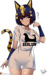  1girl :&lt; ? animal_crossing animal_ears animal_print ankha_(animal_crossing) bangs blush breasts cat_ears cat_tail eyebrows_visible_through_hair grey_background grey_shirt highres nekobox sea_lion see-through_silhouette shiny shiny_skin shirt short_hair short_sleeves signature simple_background solo tail thigh_gap white_background 