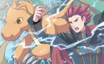  1boy black_cape cape claws commentary_request dragonite electricity jacket lance_(pokemon) long_sleeves male_focus open_mouth pokemon pokemon_(creature) pokemon_(game) pokemon_hgss red_hair short_hair spiked_hair teeth tongue upper_body xichii 
