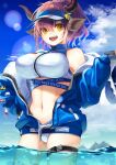  1girl animal_ears arknights bangs bikini blue_jacket blue_sky breasts brown_eyes cloud cow_ears cow_girl cow_horns eyebrows_visible_through_hair grey_bikini horns jacket jacket_partially_removed km_kaminashi large_breasts looking_at_viewer navel official_alternate_costume open_mouth outdoors partially_submerged purple_hair short_hair sideroca_(arknights) sideroca_(light_breeze)_(arknights) sky smile solo swimsuit thigh_strap water 