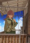  1girl balcony black_neckerchief blue_sky brown_eyes brown_hair cloud commentary_request day green_sailor_collar green_serafuku green_skirt highres hook house kachi_(kachi5100) kantai_collection long_hair looking_at_viewer neckerchief ooi_(kancolle) outdoors pleated_skirt plywood railing rooftop sailor_collar school_uniform serafuku skirt sky solo 