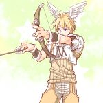  1boy arrow_(projectile) bangs blonde_hair blue_eyes bow_(weapon) brown_shirt brown_shorts closed_mouth commentary_request cowboy_shot cropped_jacket eyebrows_visible_through_hair feathered_wings head_wings holding holding_arrow holding_bow_(weapon) holding_weapon hunter_(ragnarok_online) jacket looking_to_the_side male_focus pants pants_under_shorts ragnarok_online sakakura_(sariri) shirt short_hair short_sleeves shorts solo weapon white_jacket white_pants white_wings wings wristband 