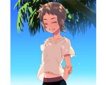  1boy arms_behind_back black_pants blush brendan_(pokemon) brown_hair closed_eyes commentary_request day grin lowres male_focus outdoors pants pillarboxed pokemon pokemon_(game) pokemon_oras shirt short_hair short_sleeves sky smile solo t-shirt teeth tree xichii 