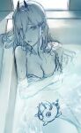  1girl absurdres bathing bathtub blue_theme breasts chainsaw_man commentary completely_nude covering covering_breasts english_commentary hews highres large_breasts long_hair looking_at_viewer monochrome nude parted_lips pochita_(chainsaw_man) power_(chainsaw_man) sitting sketch solo wet wet_hair 