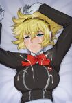  1girl aegis_(persona) afrobull blonde_hair blue_eyes blush bow bowtie breasts cum cum_on_body cum_on_breasts cum_on_clothes cum_on_hair facial gekkoukan_high_school_uniform gloves hair_ornament hair_spread_out highres large_breasts lips long_sleeves looking_at_viewer lying on_back parted_lips persona persona_3 red_bow red_bowtie school_uniform short_hair solo sweat upper_body 