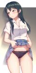  1girl ass_visible_through_thighs black_hair black_panties blush breasts brown_eyes clothes_lift highres idolmaster idolmaster_cinderella_girls kamuchin_soda lifted_by_self long_hair looking_away medium_breasts navel ooishi_izumi panties school_uniform shirt skirt skirt_lift solo standing underwear 