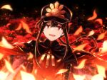  1boy :d bangs black_cape black_hair black_headwear cape commentary_request eyebrows_visible_through_hair family_crest fate/grand_order fate_(series) flower hair_between_eyes hat highres jacket katana koha-ace long_hair looking_at_viewer low_ponytail male_focus oda_nobukatsu_(fate) oda_uri open_mouth outstretched_arms peaked_cap ponytail red_eyes red_flower red_jacket smile solo spider_lily sword tachitsu_teto upper_body weapon 