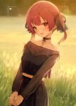  1girl bangs bare_shoulders belt blush breasts cleavage collar collarbone grass hana_mori heterochromia highres hololive houshou_marine large_breasts long_sleeves looking_at_viewer medium_hair midriff nature open_mouth outdoors red_hair see-through skirt smile twintails viewfinder virtual_youtuber 